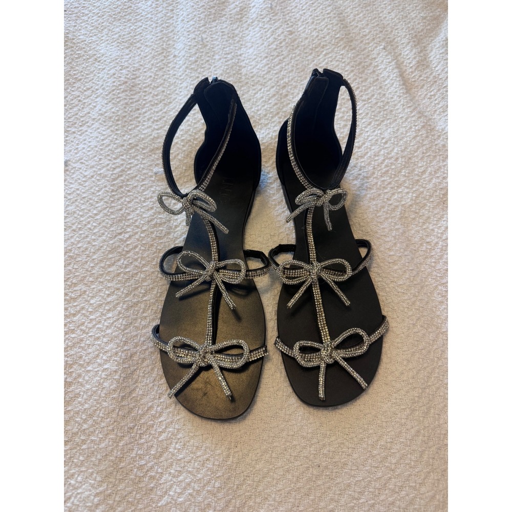 INC International Concepts Black Rhinestone Bow Gladiator Flat Sandals Zipper
